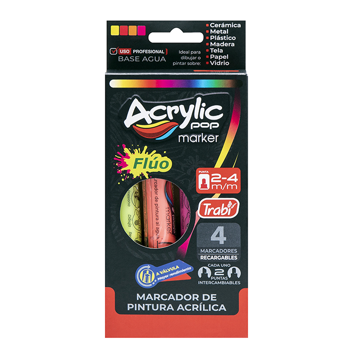 MARCADOR TRABI ACRYLIC X 4 UN FLUO PTA 2-4 MM