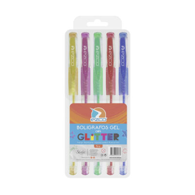 BOLIGRAFO EZCO GEL CON GLITTER BLISTER PVC SURTIDO 5 UN