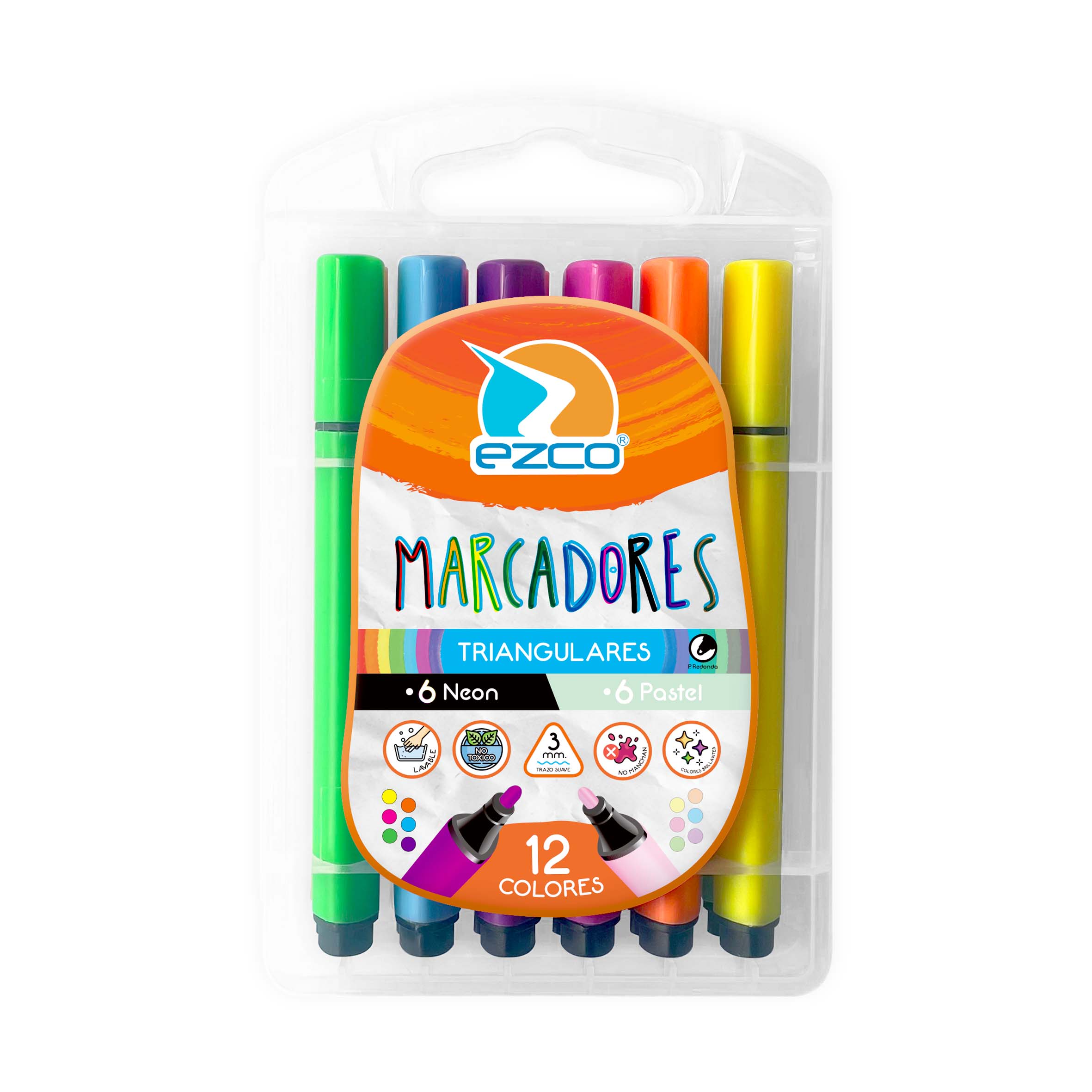 MARCADORES EZCO TRIANGULARES X 12 COL 6 NEON 6 PAST VALIJA P