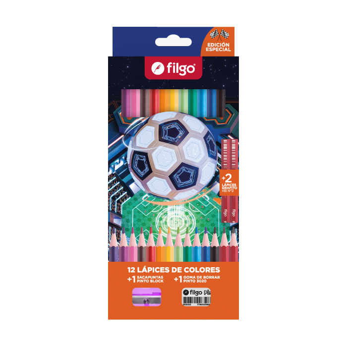LAPICES COLORES FILGO PINTO X 12 +2HB +GOMA +SACAP FUTBOL