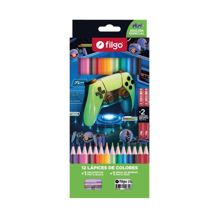LAPICES COLORES FILGO PINTO X 12 +2HB +GOMA +SACAP GAMER