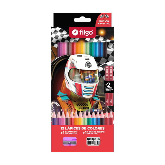 LAPICES COLORES FILGO PINTO X 12 +2HB +GOMA +SACAP RACER
