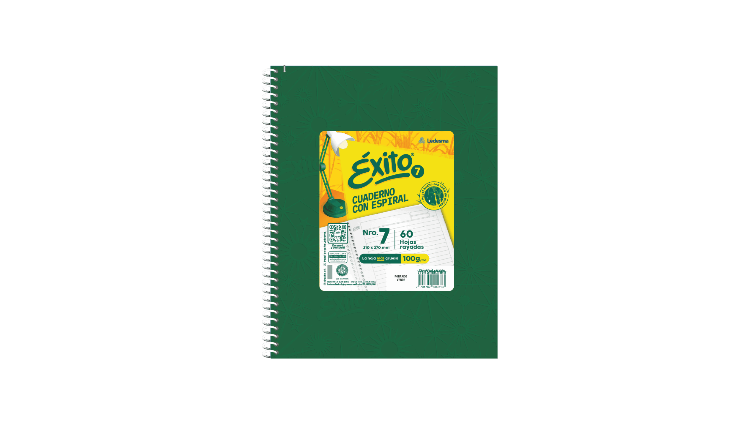CUADERNO EXITO E7 21*27 FORRADO TD C/ESP X 60 HJ VERDE RY