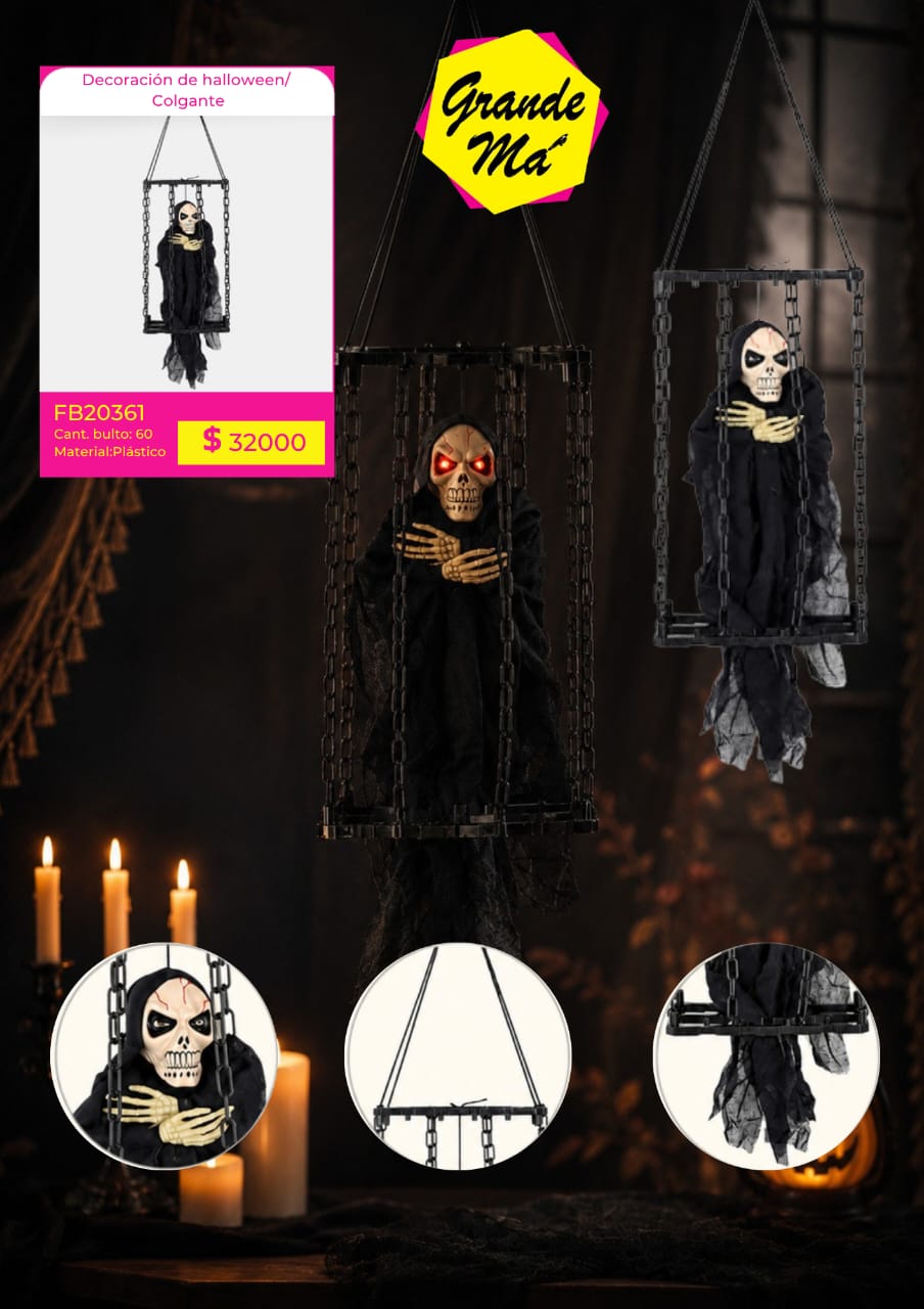 ADORNO HALLOWEEN COLGANTE C/ CALAVERA EN JAULA (FB20361)