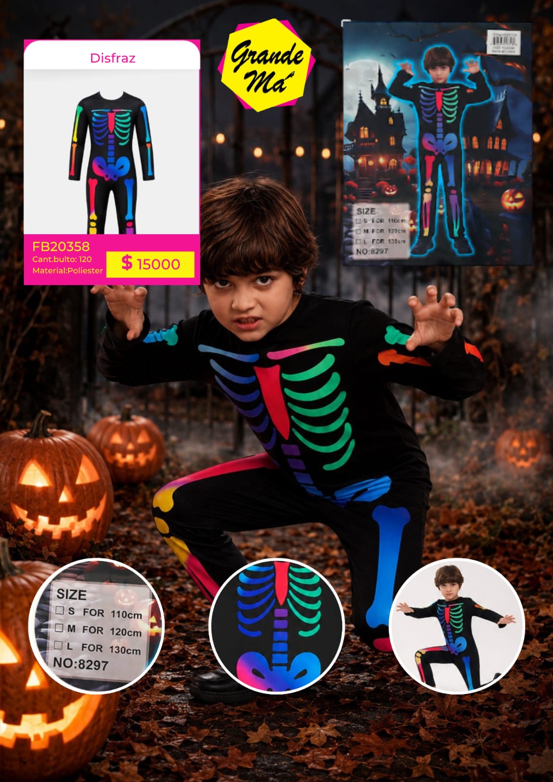 DISFRAZ HALLOWEEN ESQUELETO COLOR INFANTIL (S - M - L) (FB20