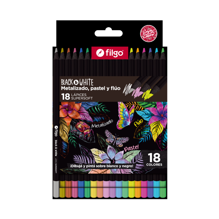 LAPICES COLORES FILGO BLACK & WHITE X 18 PZAS METAL, PASTEL